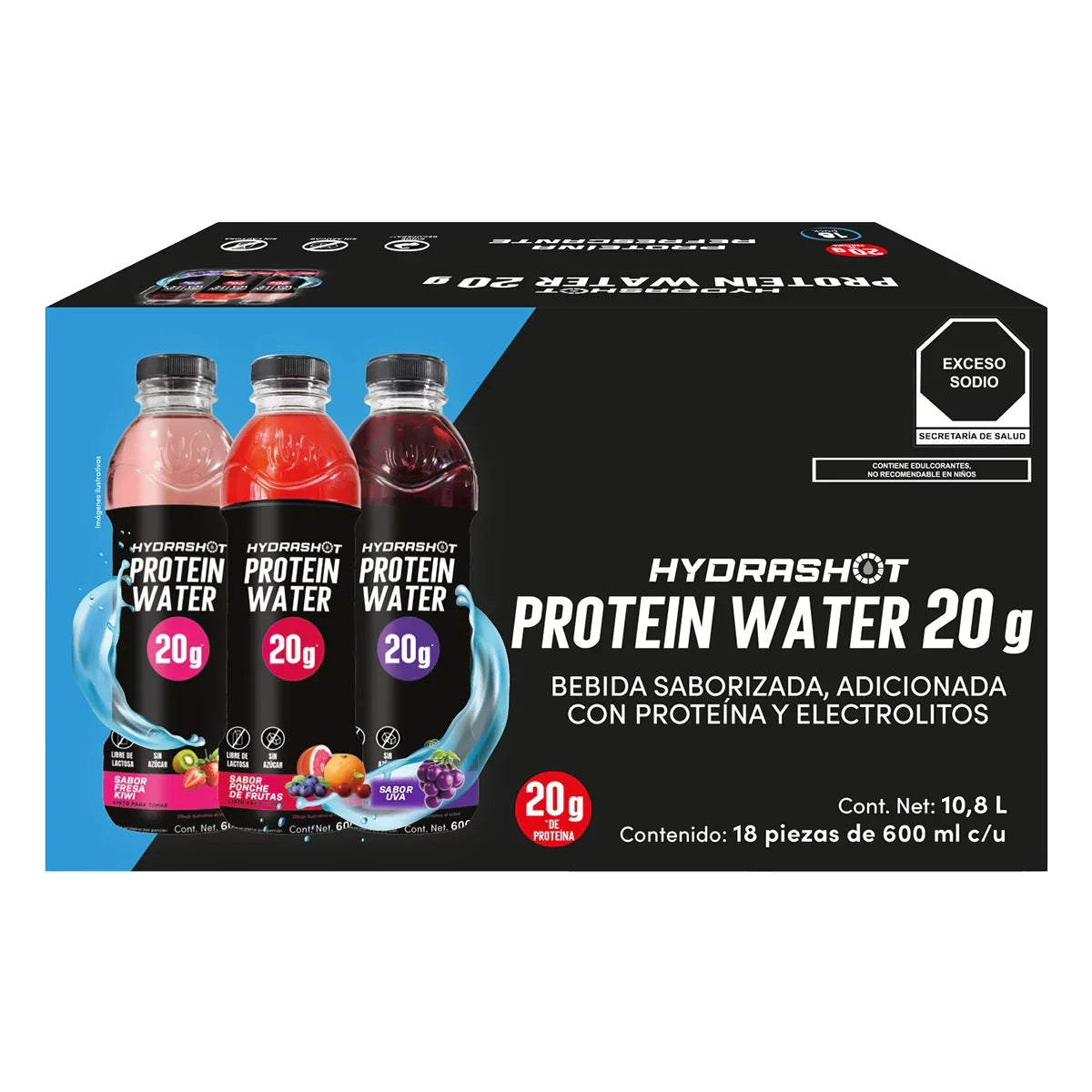 Caja de 18 botellas Hydrashot Protein Water 20g de proteína, de venta exclusiva en Costco