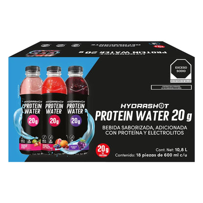 Caja de 18 botellas Hydrashot Protein Water 20g de proteína, de venta exclusiva en Costco