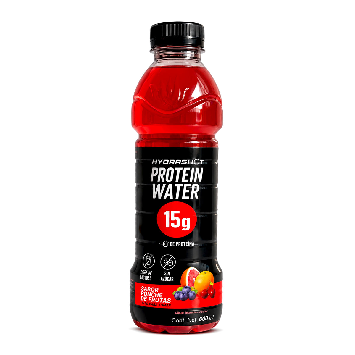 Botella de Hydrashot Protein Water sabor ponche de frutas con 15g de proteína e hidratación